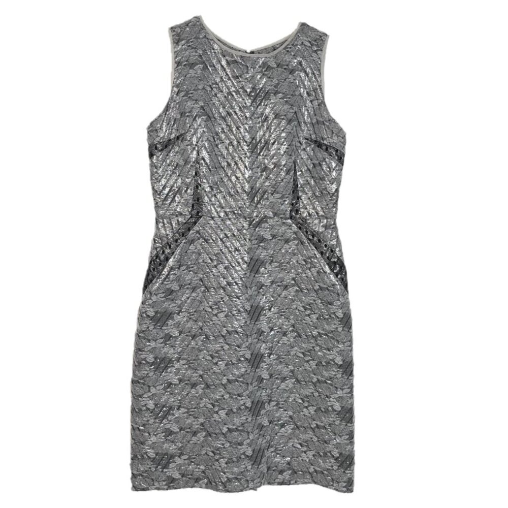 Peter Som Silver Metallic Chevron Lace Inset Sleeveless Sheath Dress Size